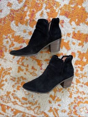Lucky Brand Braylie Black Perforated Suede Stacked Heel Booties